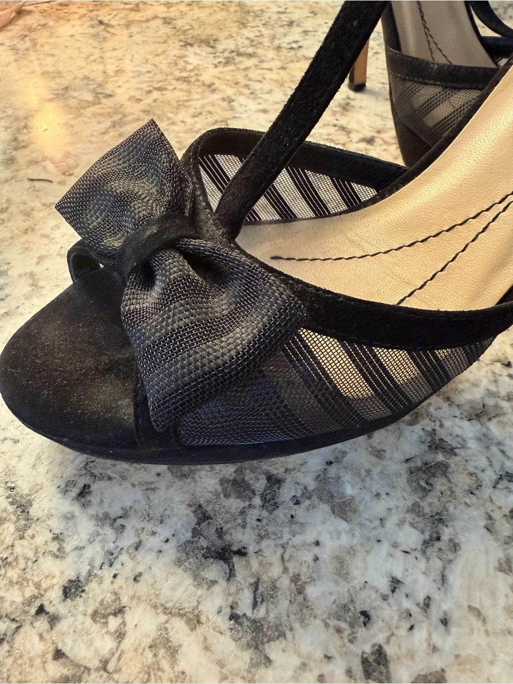 kate spade Black Mesh Bow T-Strap Peep-Toe Platform Stiletto Heels Made In Italy